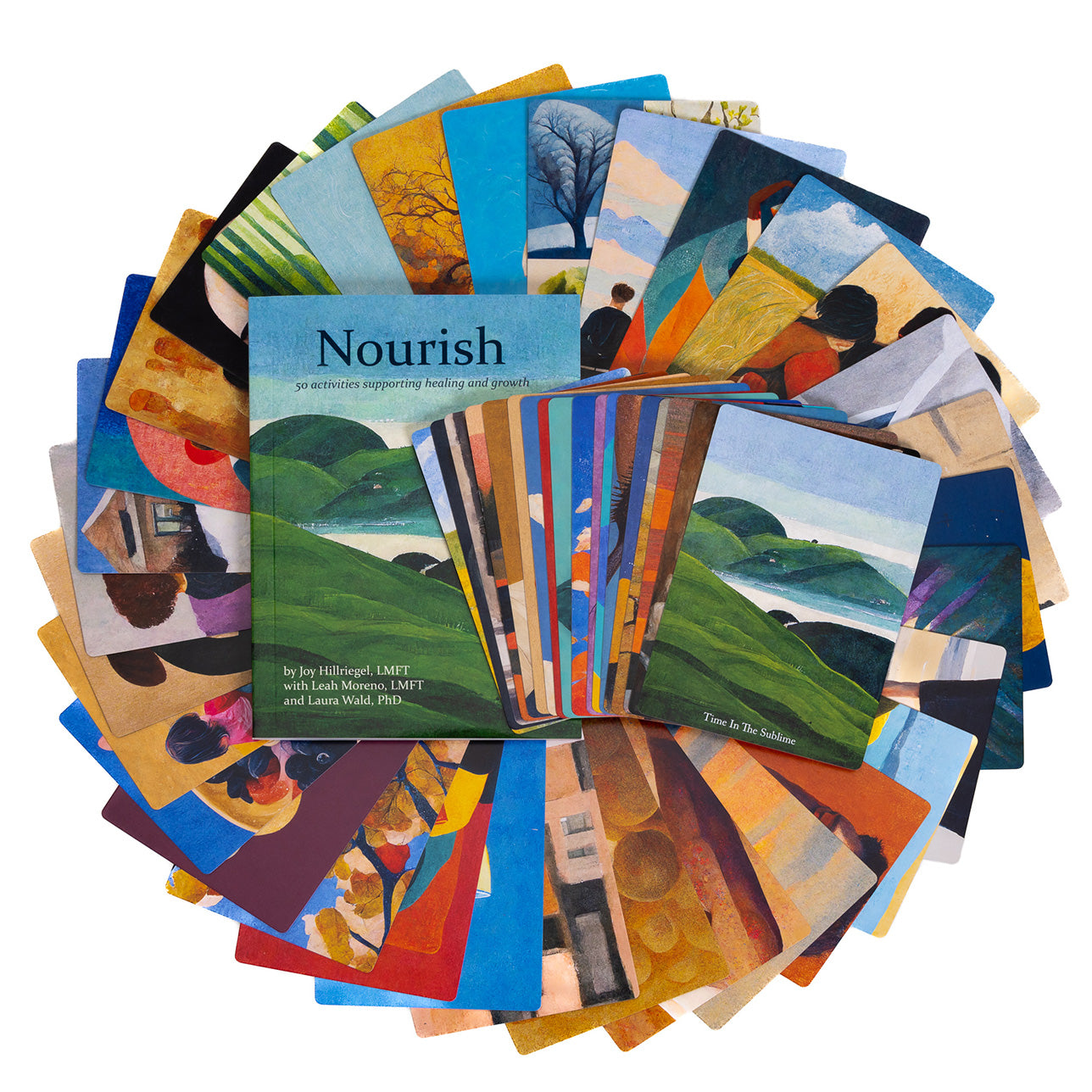 Nourish cards and book by Hillriegel, Moreno, and Wald. 50 prompts for self-care, healing, and growth.