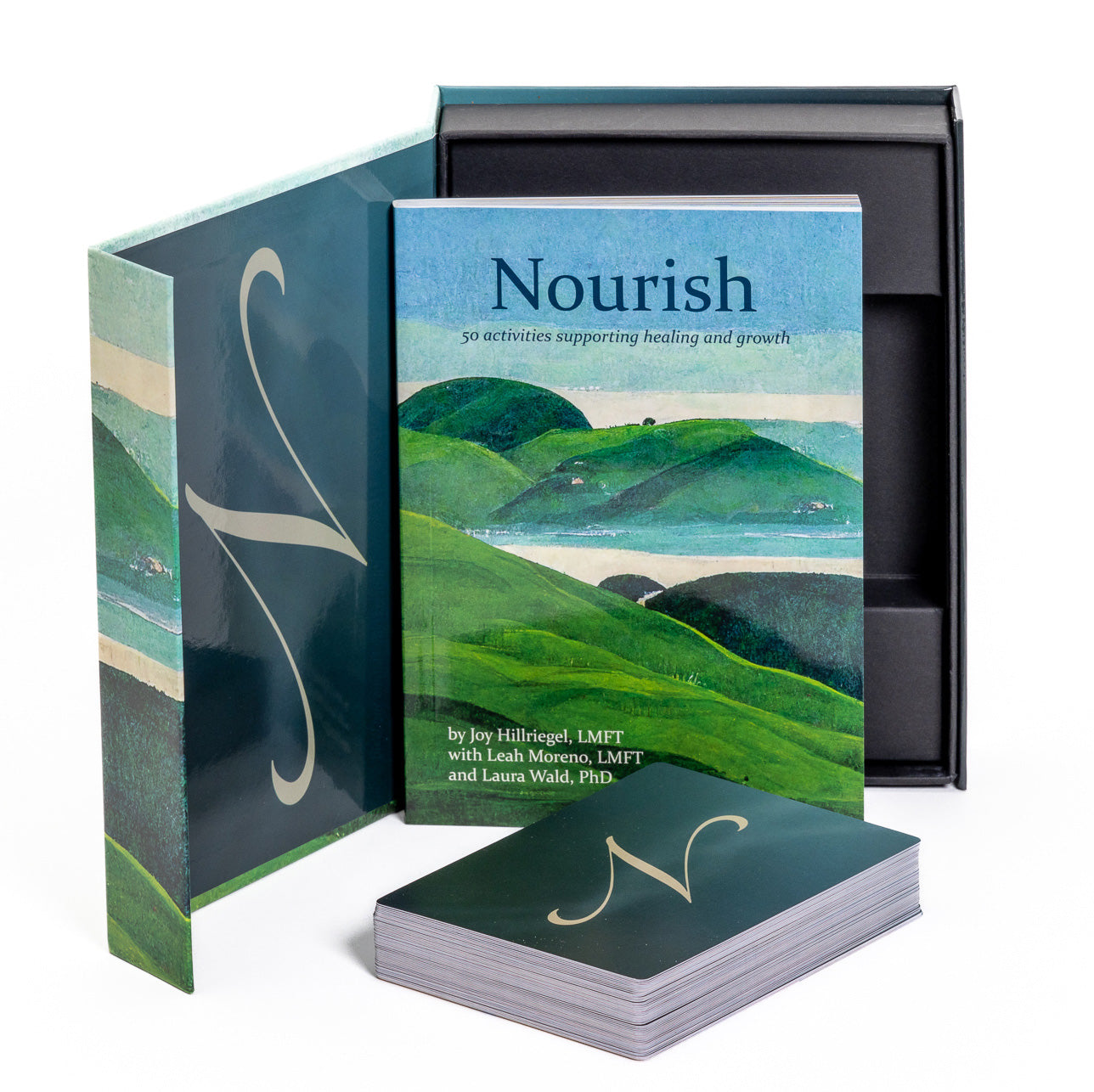 Nourish cards and book by Hillriegel, Moreno, and Wald. 50 prompts for self-care, healing, and growth.
