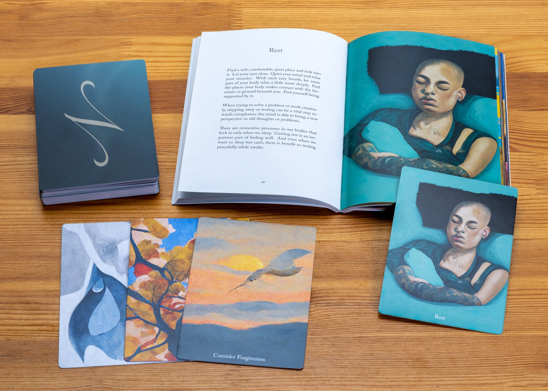 Nourish cards and book by Hillriegel, Moreno, and Wald. 50 prompts for self-care, healing, and growth.