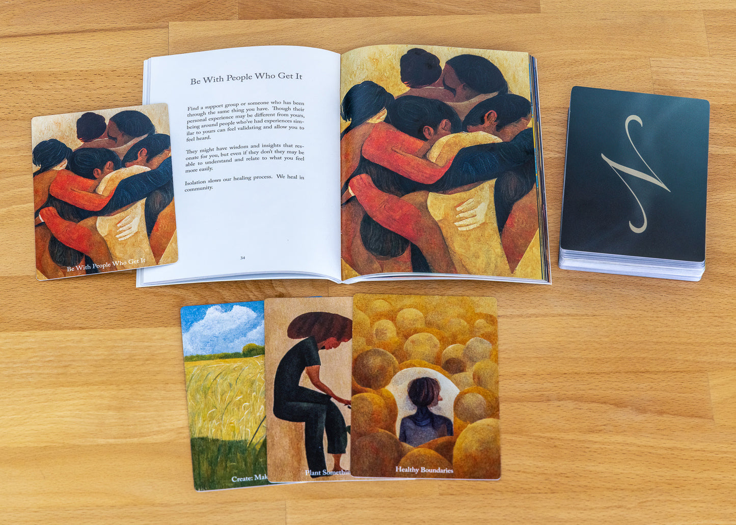 Nourish cards and book by Hillriegel, Moreno, and Wald. 50 prompts for self-care, healing, and growth.